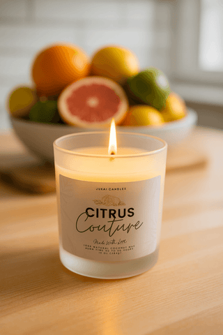 Candle labeled 'Citrus Couture' on a wooden surface with a bowl of fruit in the background.